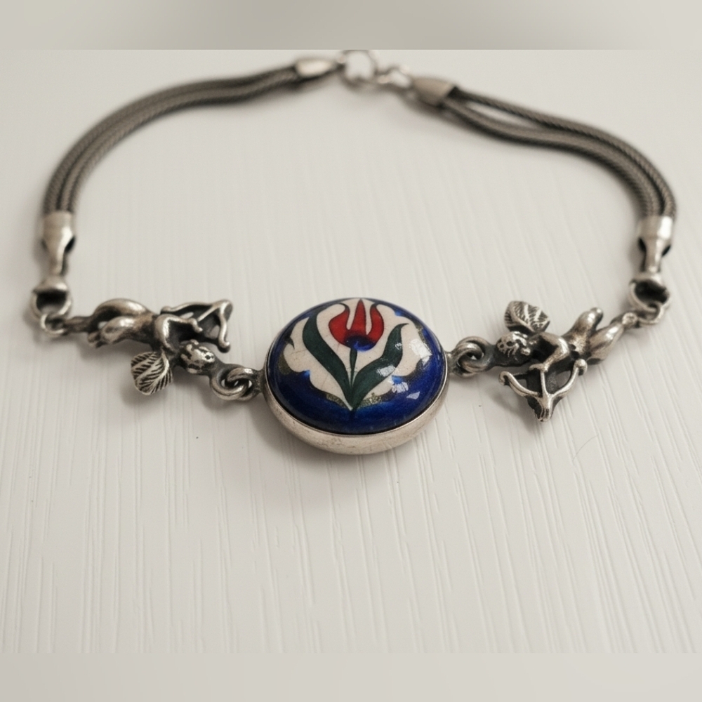 Vintage Turkish Tulip Cupid Link Bracelet Sterling Silver 925